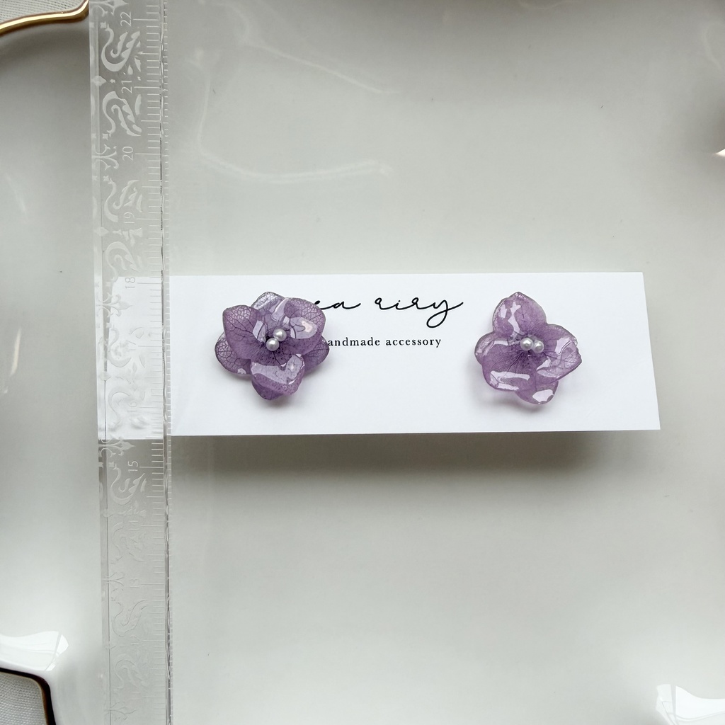 no.395 再販 紫陽花のピアス 本物のお花 アナベル 紫陽花 パープル サージカルステンレス ピアス