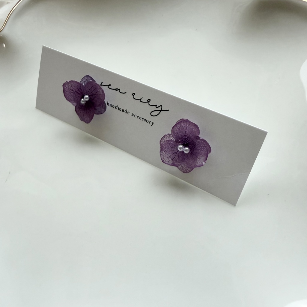 no.395 再販 紫陽花のピアス 本物のお花 アナベル 紫陽花 パープル サージカルステンレス ピアス