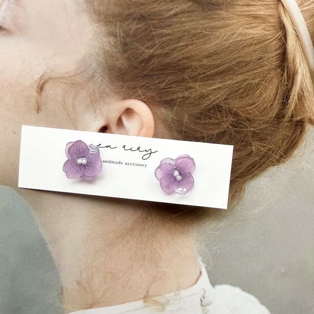no.395 再販 紫陽花のピアス 本物のお花 アナベル 紫陽花 パープル サージカルステンレス ピアス