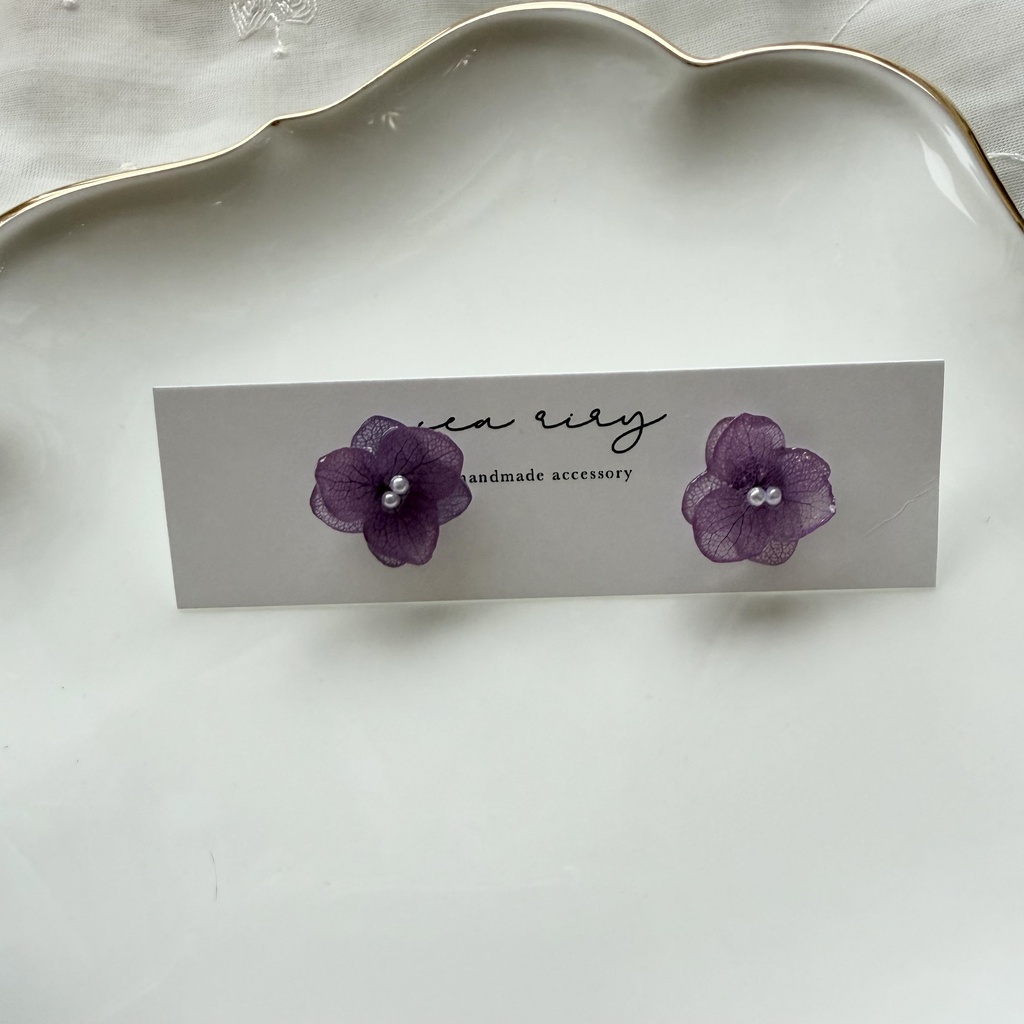 no.395 再販 紫陽花のピアス 本物のお花 アナベル 紫陽花 パープル サージカルステンレス ピアス