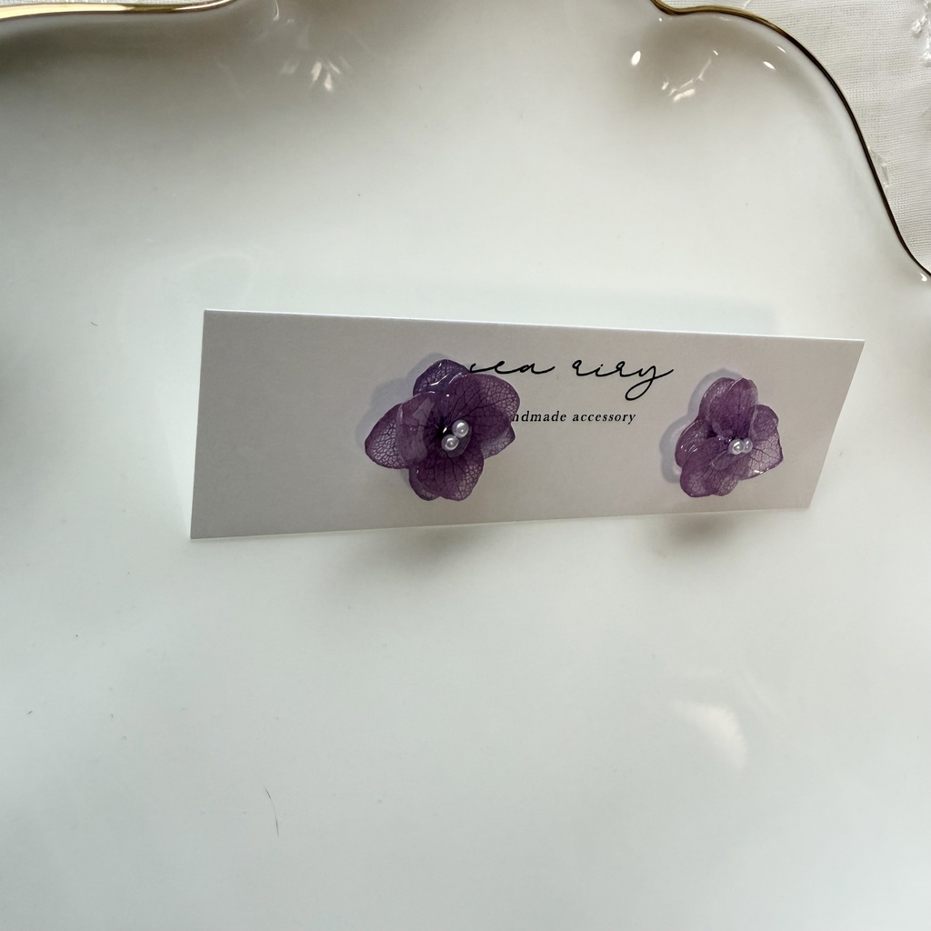 no.395 再販 紫陽花のピアス 本物のお花 アナベル 紫陽花 パープル サージカルステンレス ピアス