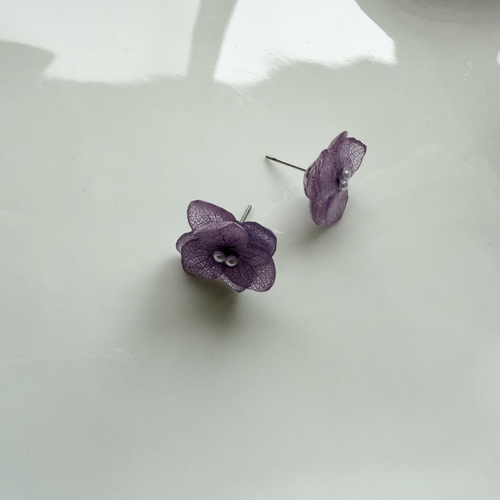 no.395 再販 紫陽花のピアス 本物のお花 アナベル 紫陽花 パープル サージカルステンレス ピアス