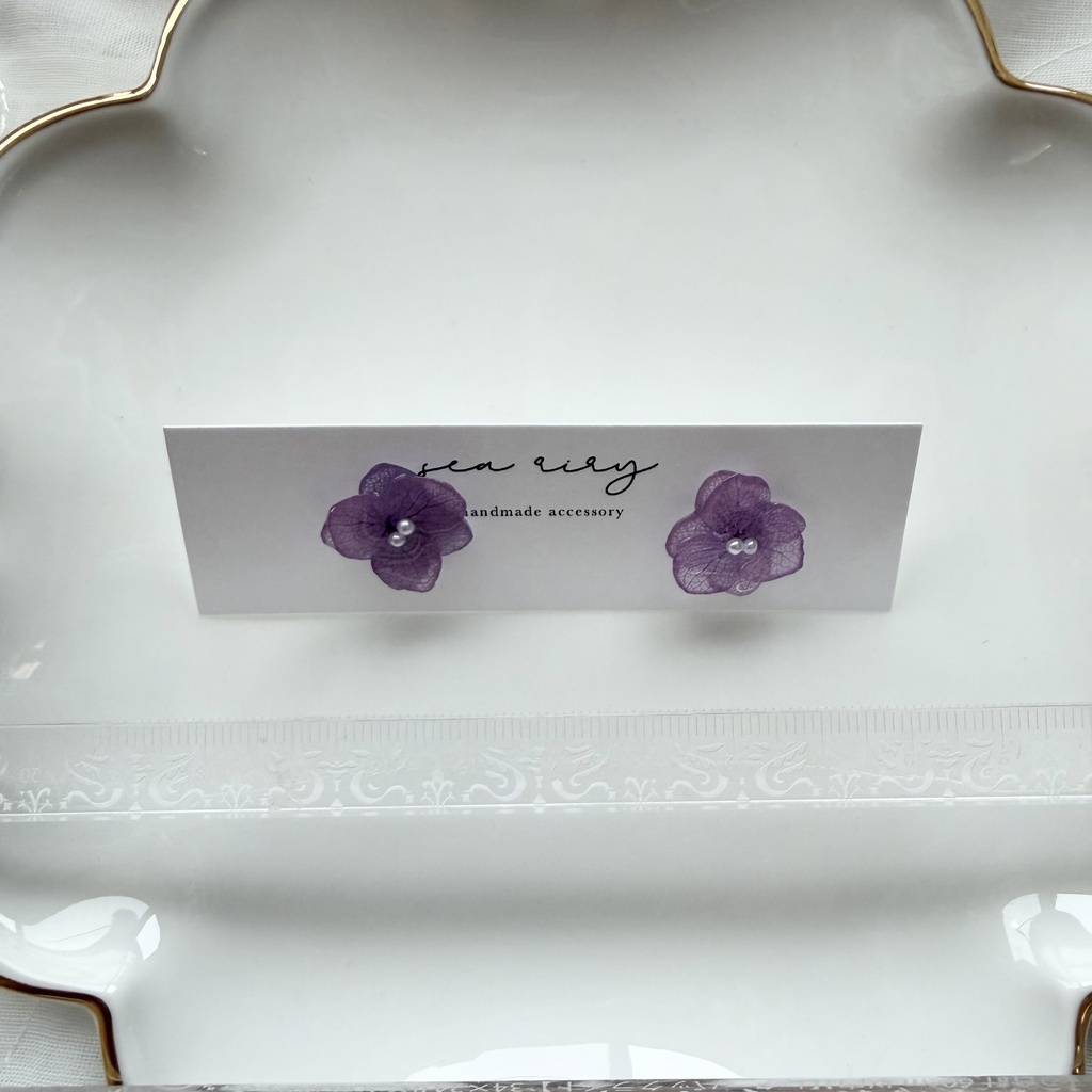 no.395 再販 紫陽花のピアス 本物のお花 アナベル 紫陽花 パープル サージカルステンレス ピアス