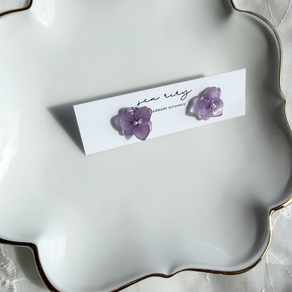 no.395 再販 紫陽花のピアス 本物のお花 アナベル 紫陽花 パープル サージカルステンレス ピアス