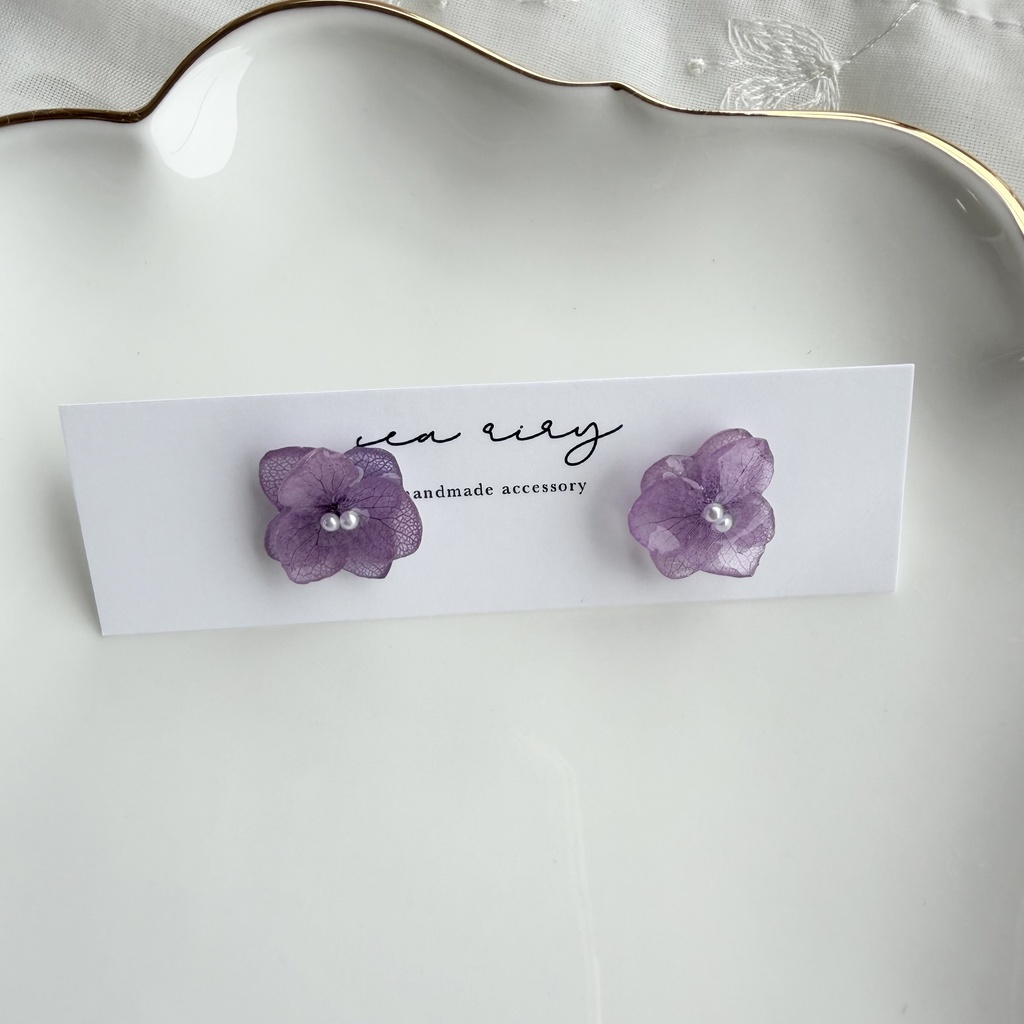 no.395  再販   紫陽花のピアス  本物のお花 アナベル  紫陽花  パープル  サージカルステンレス  ピアス