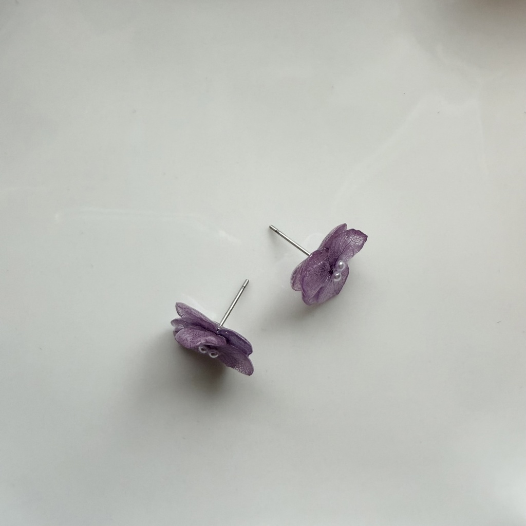 no.395 再販 紫陽花のピアス 本物のお花 アナベル 紫陽花 パープル サージカルステンレス ピアス