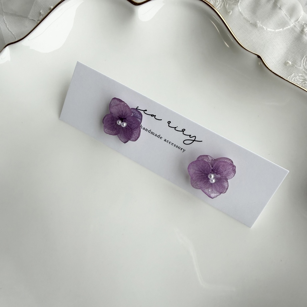 no.395 再販 紫陽花のピアス 本物のお花 アナベル 紫陽花 パープル サージカルステンレス ピアス