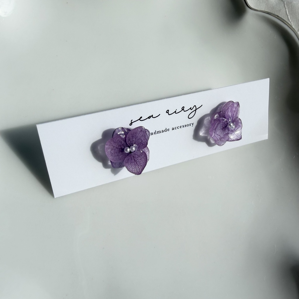 no.395 再販 紫陽花のピアス 本物のお花 アナベル 紫陽花 パープル サージカルステンレス ピアス
