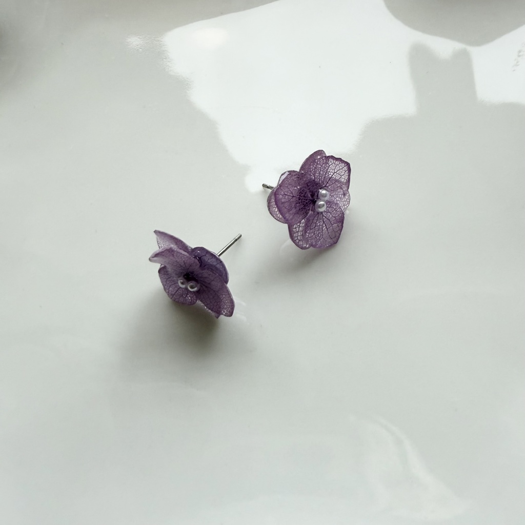 no.395 再販 紫陽花のピアス 本物のお花 アナベル 紫陽花 パープル サージカルステンレス ピアス