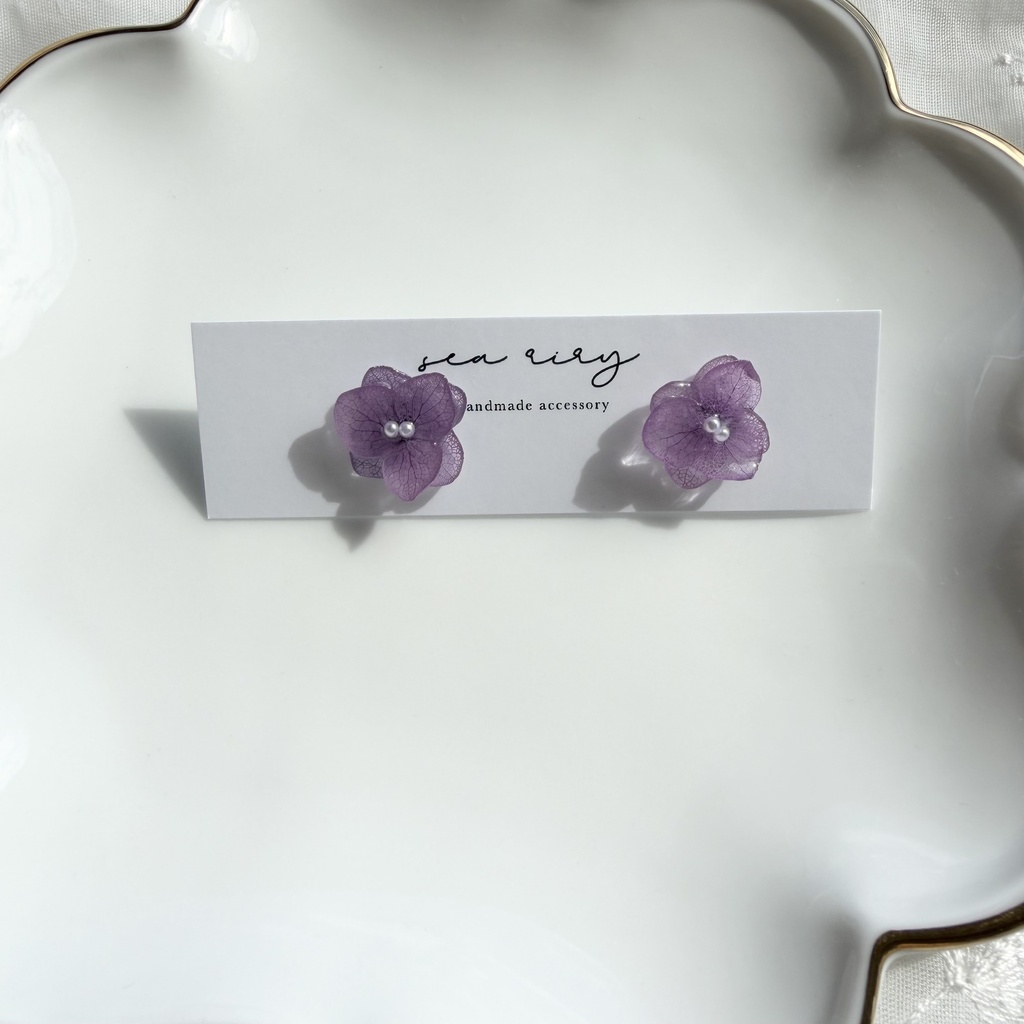 no.395 再販 紫陽花のピアス 本物のお花 アナベル 紫陽花 パープル サージカルステンレス ピアス