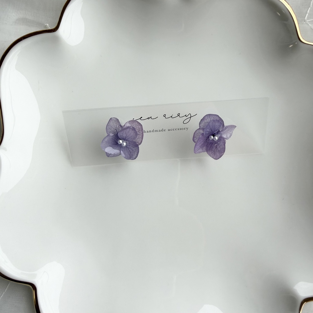 no.396 再販 紫陽花のピアス 本物のお花 アナベル 紫陽花 パープル サージカルステンレス ピアス