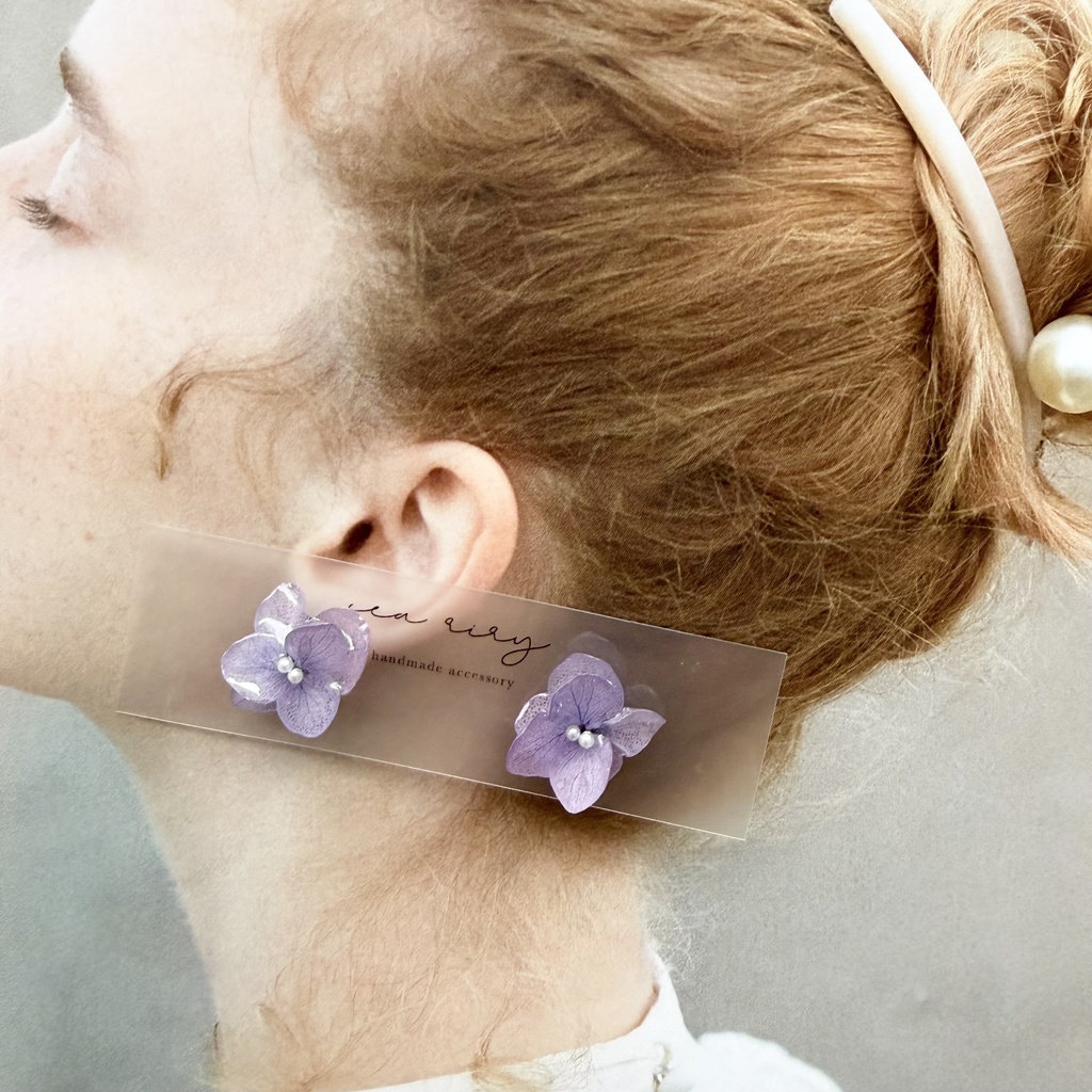 no.396 再販 紫陽花のピアス 本物のお花 アナベル 紫陽花 パープル サージカルステンレス ピアス