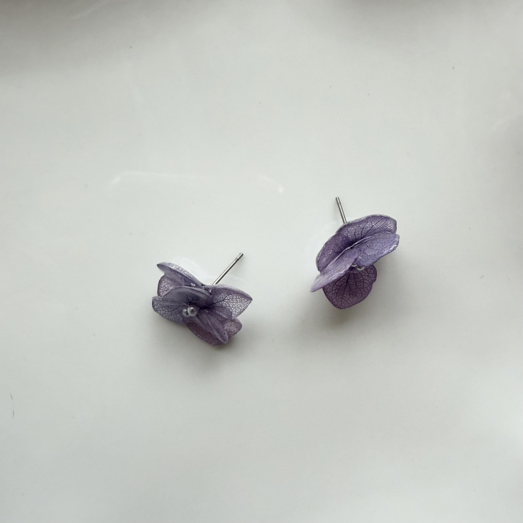 no.396 再販 紫陽花のピアス 本物のお花 アナベル 紫陽花 パープル サージカルステンレス ピアス