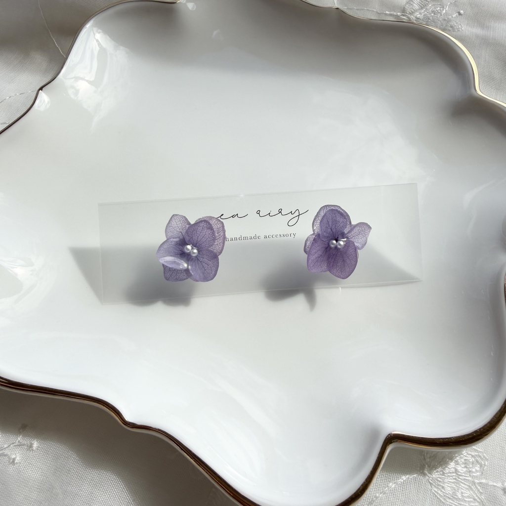 no.396 再販 紫陽花のピアス 本物のお花 アナベル 紫陽花 パープル サージカルステンレス ピアス