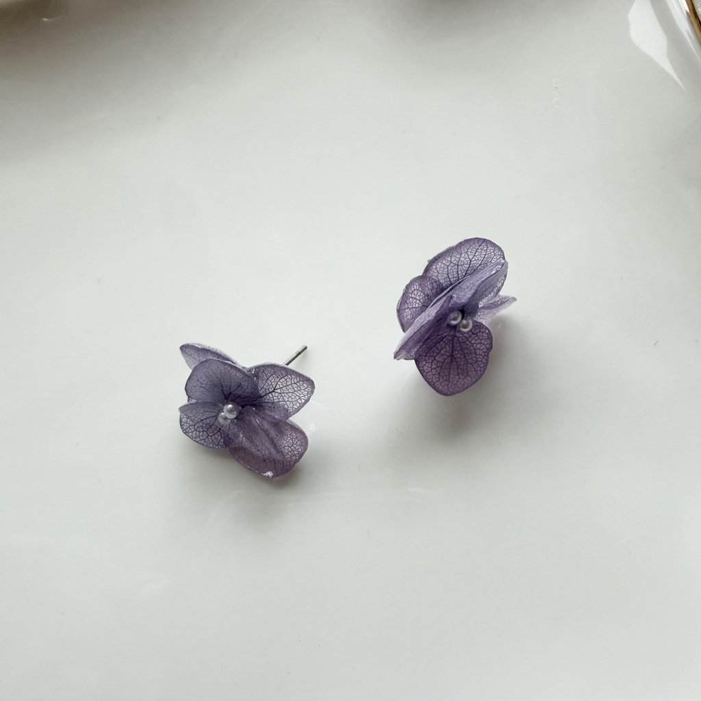 no.396 再販 紫陽花のピアス 本物のお花 アナベル 紫陽花 パープル サージカルステンレス ピアス