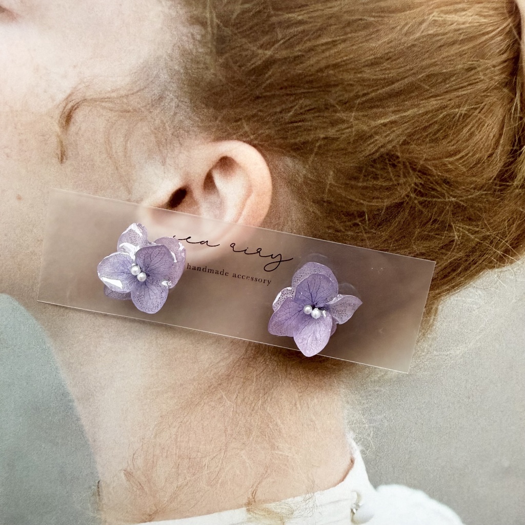 no.396 再販 紫陽花のピアス 本物のお花 アナベル 紫陽花 パープル サージカルステンレス ピアス
