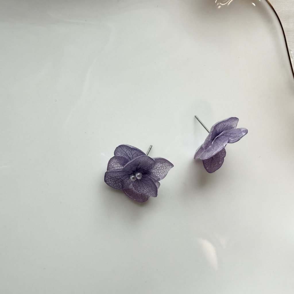 no.396 再販 紫陽花のピアス 本物のお花 アナベル 紫陽花 パープル サージカルステンレス ピアス