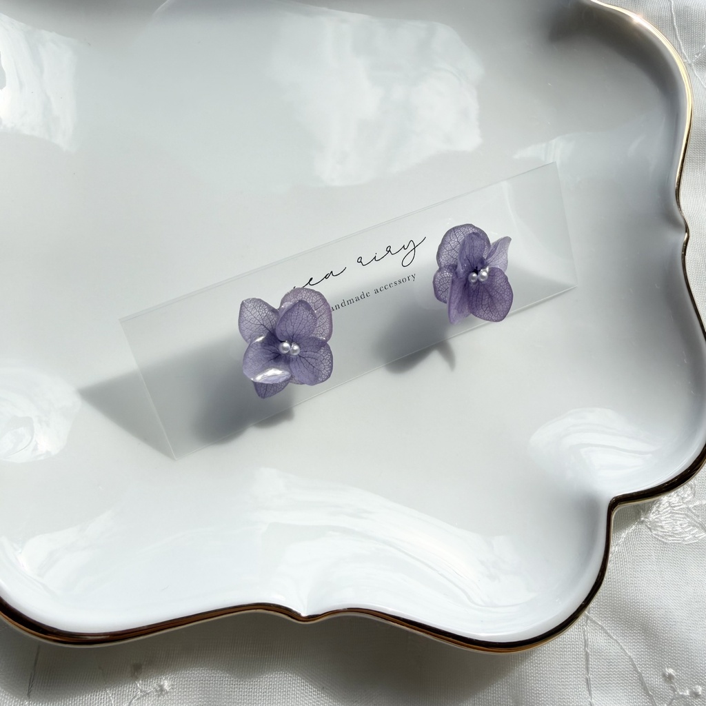 no.396 再販 紫陽花のピアス 本物のお花 アナベル 紫陽花 パープル サージカルステンレス ピアス