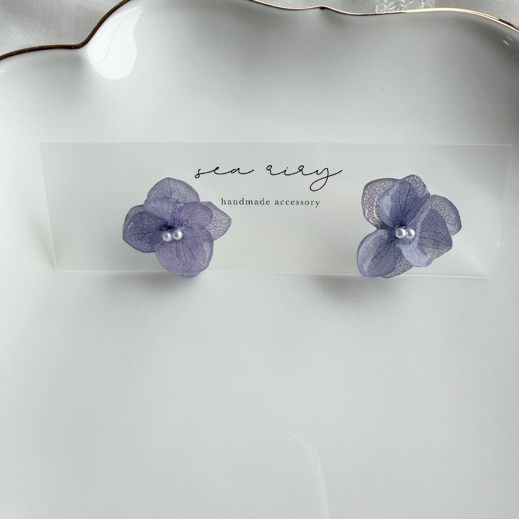 no.397 再販 紫陽花のピアス 本物のお花 アナベル 紫陽花 パープル サージカルステンレス ピアス