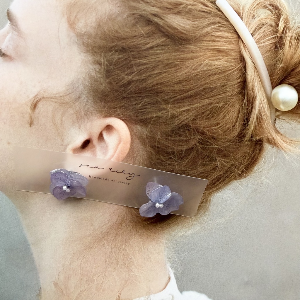 no.397 再販 紫陽花のピアス 本物のお花 アナベル 紫陽花 パープル サージカルステンレス ピアス