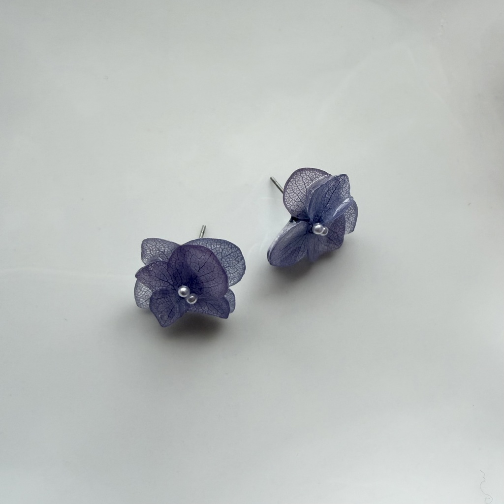 no.397 再販 紫陽花のピアス 本物のお花 アナベル 紫陽花 パープル サージカルステンレス ピアス