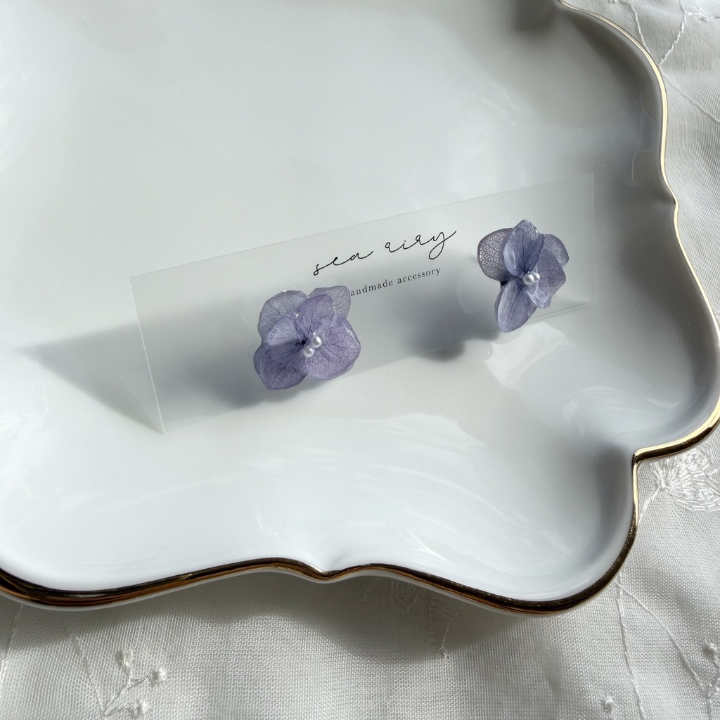 no.397 再販 紫陽花のピアス 本物のお花 アナベル 紫陽花 パープル サージカルステンレス ピアス