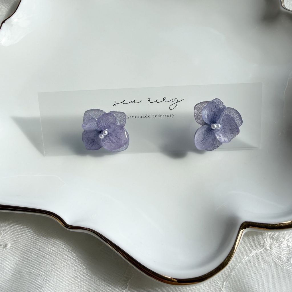 no.397 再販 紫陽花のピアス 本物のお花 アナベル 紫陽花 パープル サージカルステンレス ピアス