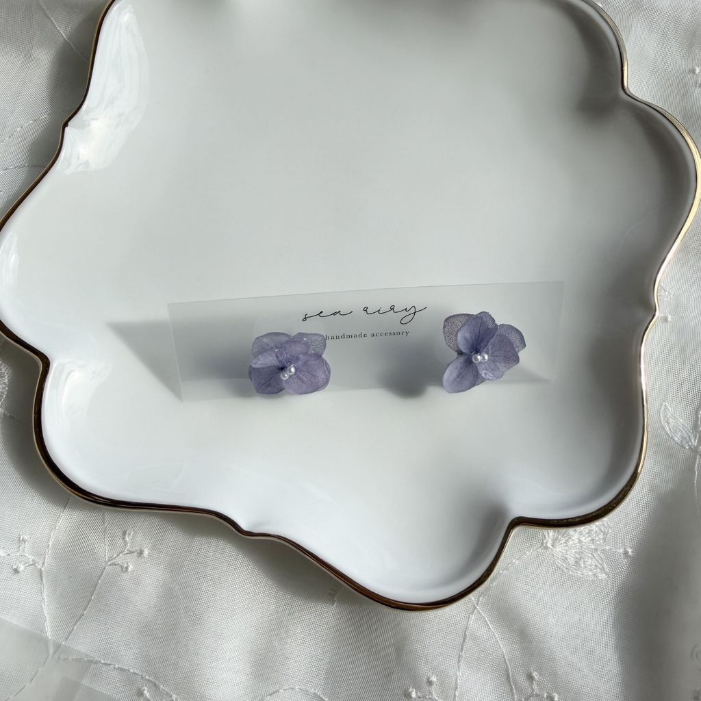 no.397 再販 紫陽花のピアス 本物のお花 アナベル 紫陽花 パープル サージカルステンレス ピアス