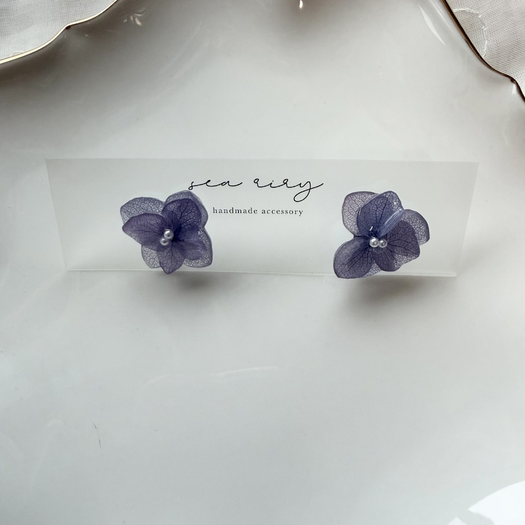no.397 再販 紫陽花のピアス 本物のお花 アナベル 紫陽花 パープル サージカルステンレス ピアス