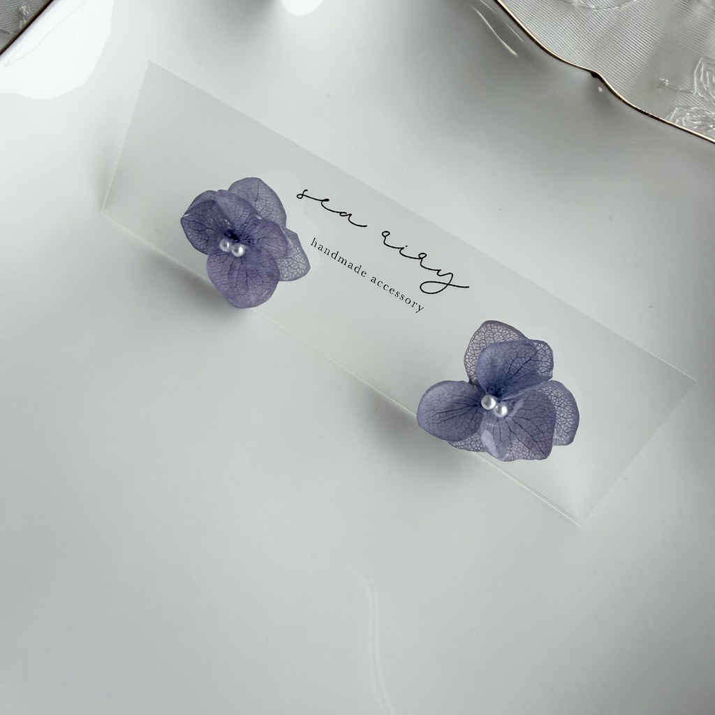 no.397 再販 紫陽花のピアス 本物のお花 アナベル 紫陽花 パープル サージカルステンレス ピアス