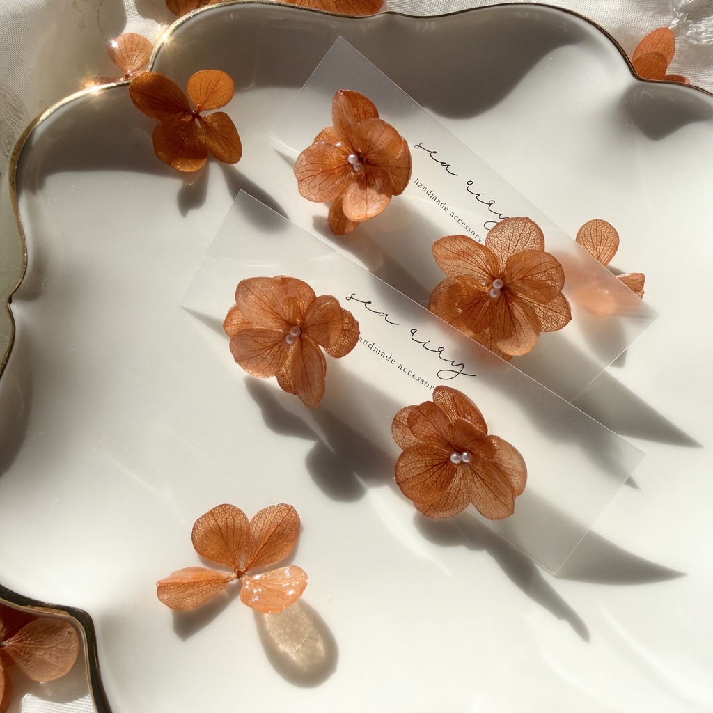 no.406 再販 ブリックオレンジの紫陽花ピアス アジサイ パール オレンジ サージカルステンレス ピアス