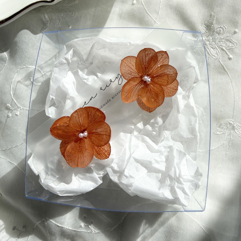 no.407 再販 ブリックオレンジの紫陽花ピアス アジサイ パール オレンジ サージカルステンレス ピアス