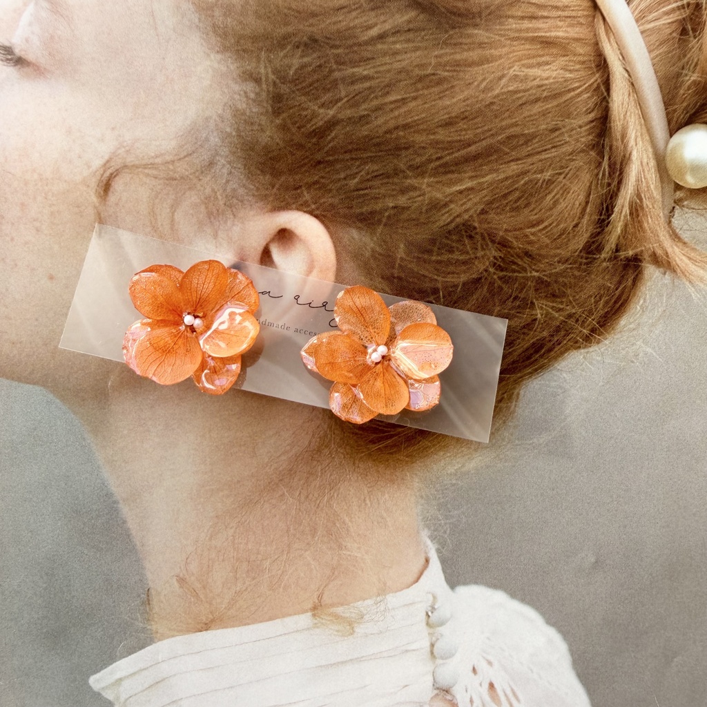 no.407 再販 ブリックオレンジの紫陽花ピアス アジサイ パール オレンジ サージカルステンレス ピアス