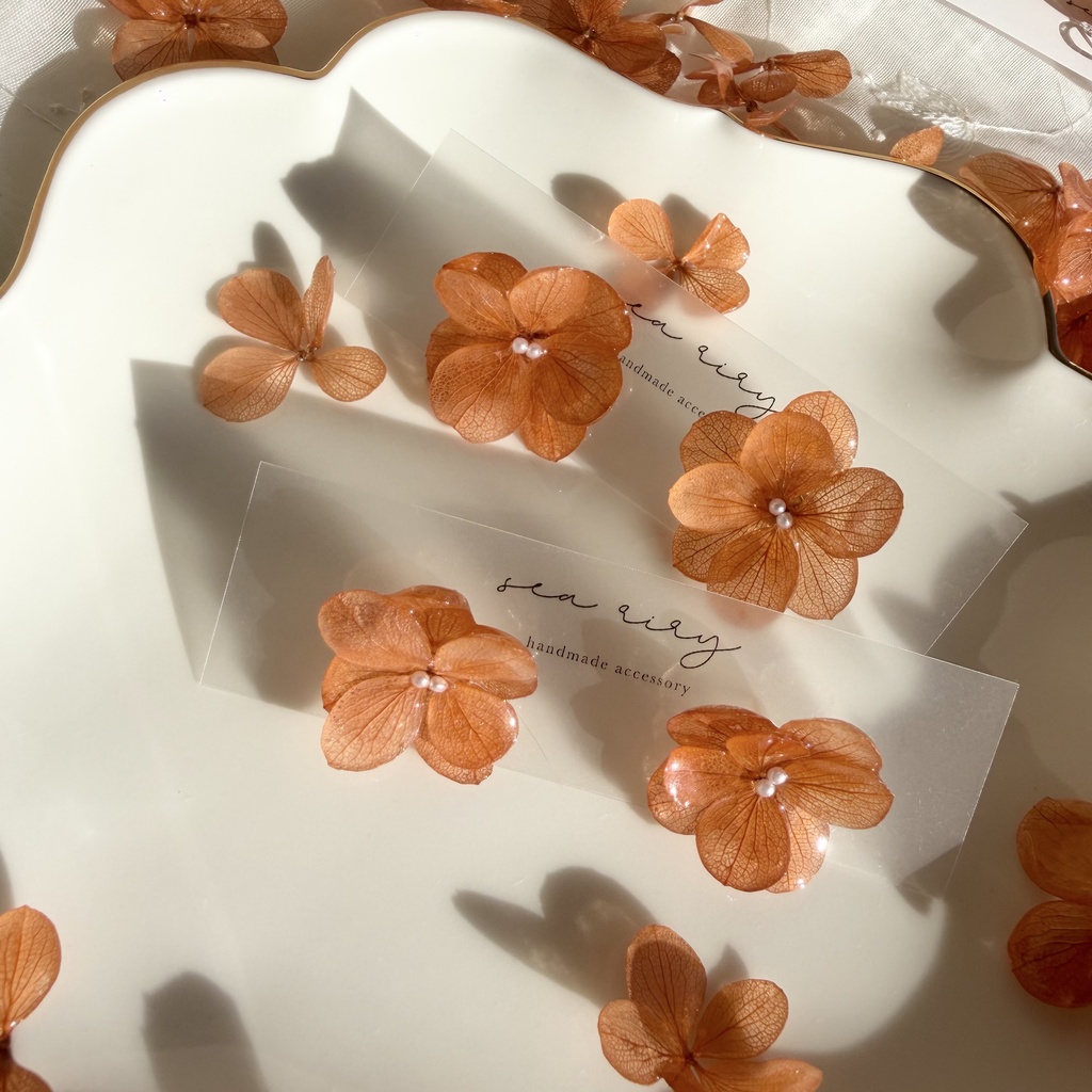 no.407 再販 ブリックオレンジの紫陽花ピアス アジサイ パール オレンジ サージカルステンレス ピアス