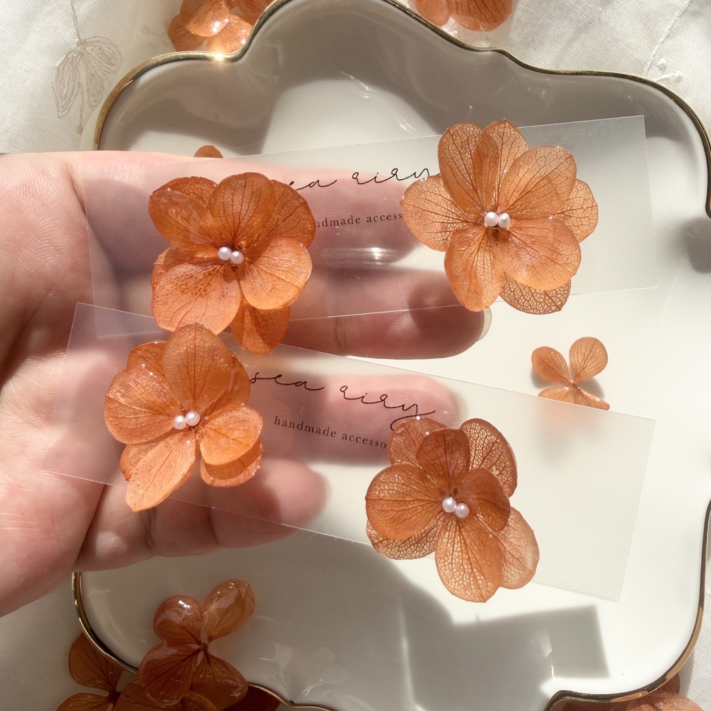 no.407 再販 ブリックオレンジの紫陽花ピアス アジサイ パール オレンジ サージカルステンレス ピアス