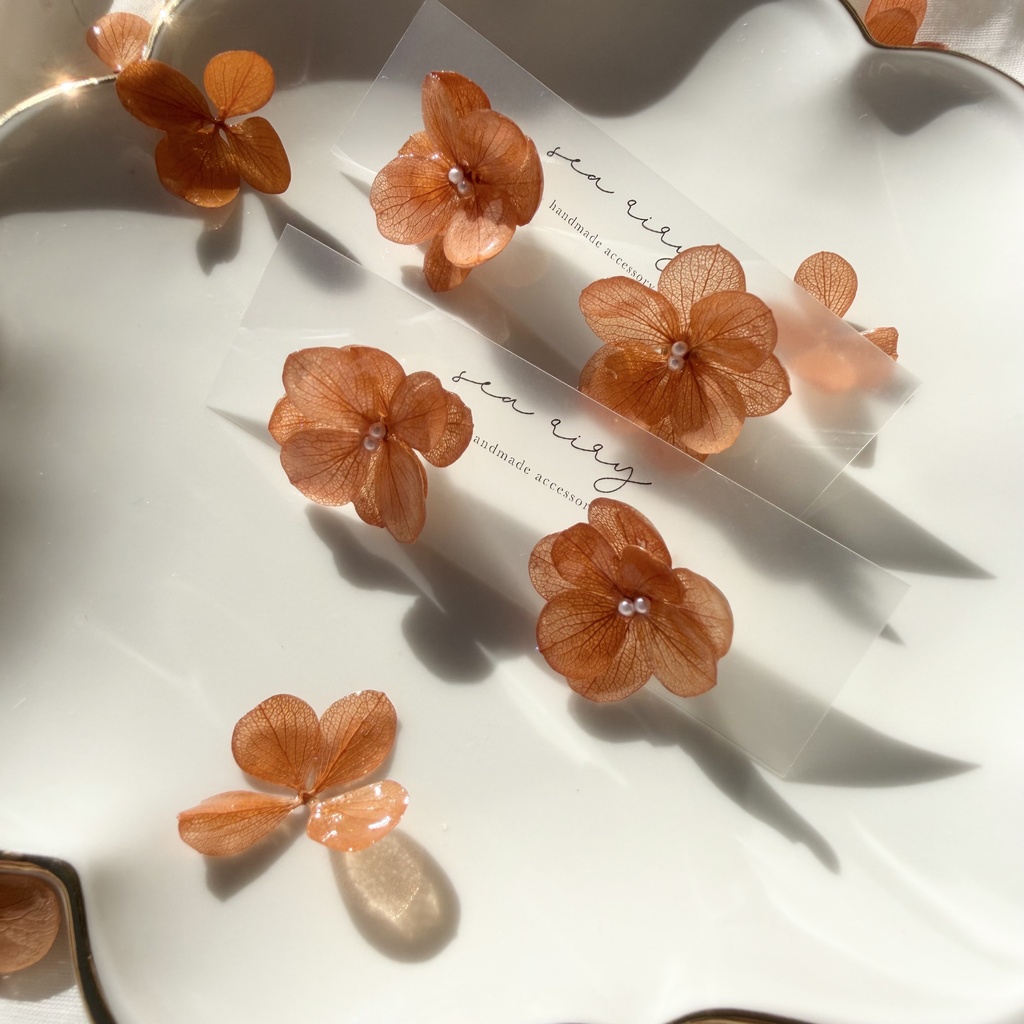 no.407 再販 ブリックオレンジの紫陽花ピアス アジサイ パール オレンジ サージカルステンレス ピアス