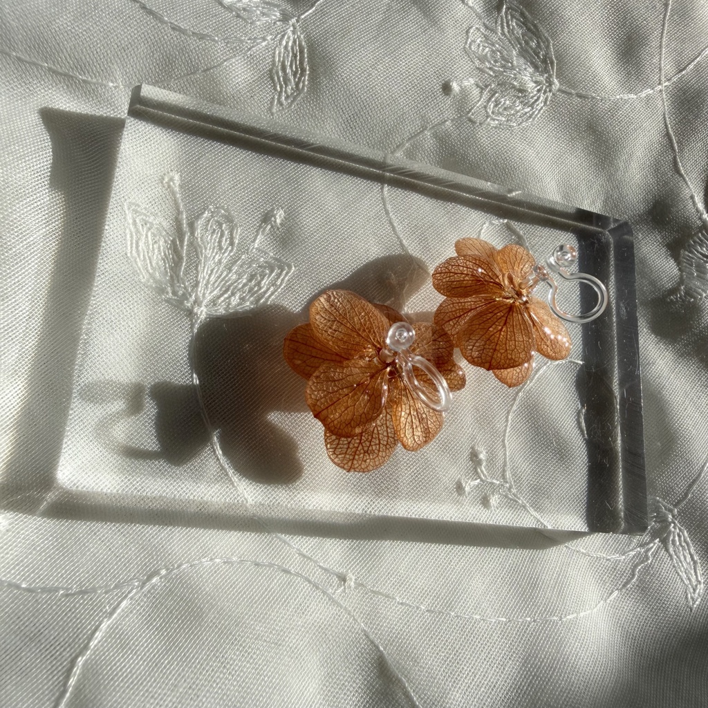 no.408 再販 ブリックオレンジの紫陽花イヤリング アジサイ パール オレンジ 樹脂ノンホールピアス