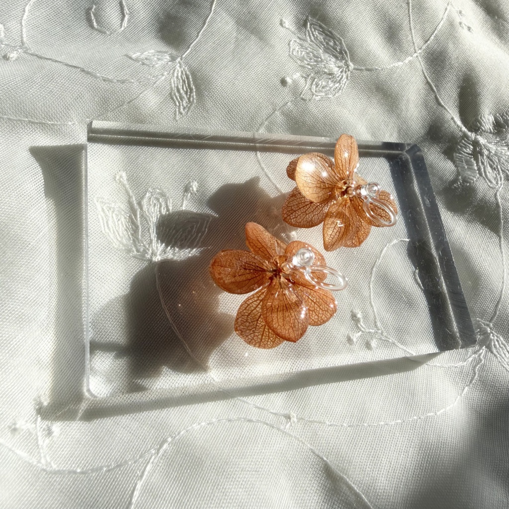 no.409 再販 ブリックオレンジの紫陽花イヤリング アジサイ パール オレンジ 樹脂ノンホールピアス