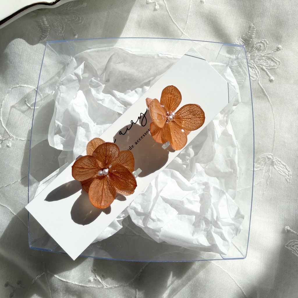 no.409 再販 ブリックオレンジの紫陽花イヤリング アジサイ パール オレンジ 樹脂ノンホールピアス