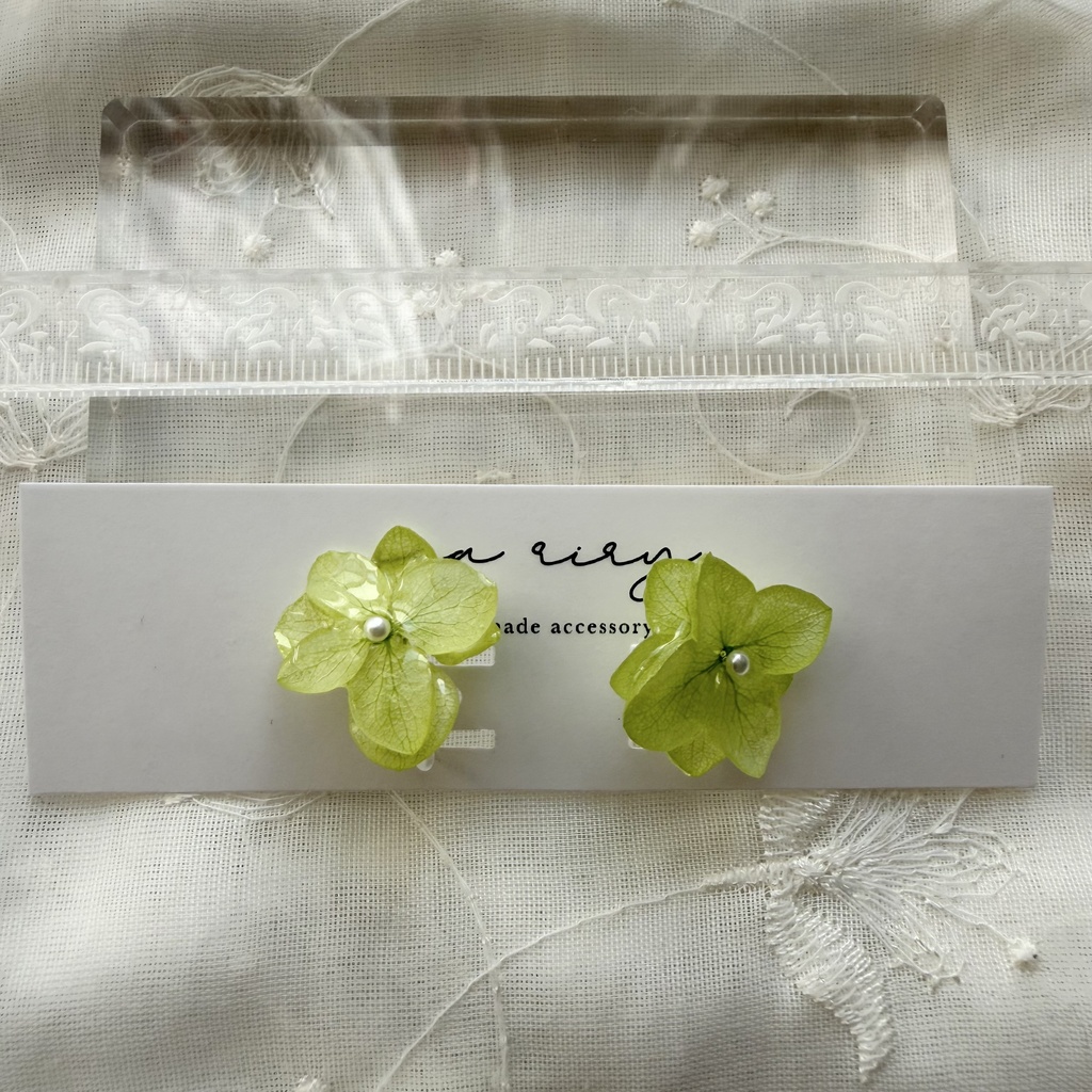 no.414 ライトグリーンの紫陽花のイヤリング 本物のお花 あじさい 紫陽花 樹脂ノンホールピアス イヤリング