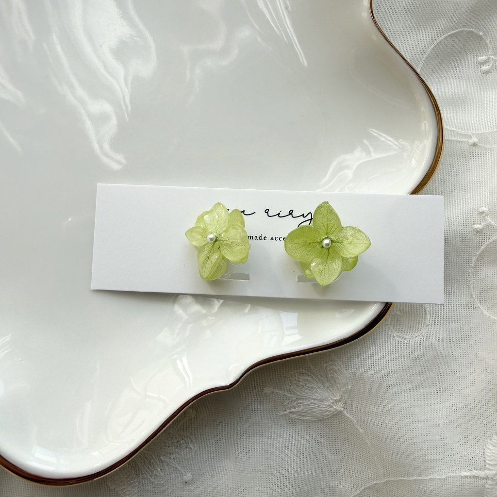 no.414 ライトグリーンの紫陽花のイヤリング 本物のお花 あじさい 紫陽花 樹脂ノンホールピアス イヤリング