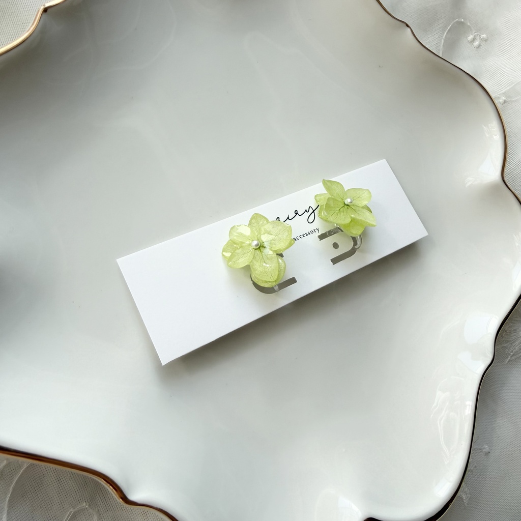 no.414 ライトグリーンの紫陽花のイヤリング 本物のお花 あじさい 紫陽花 樹脂ノンホールピアス イヤリング