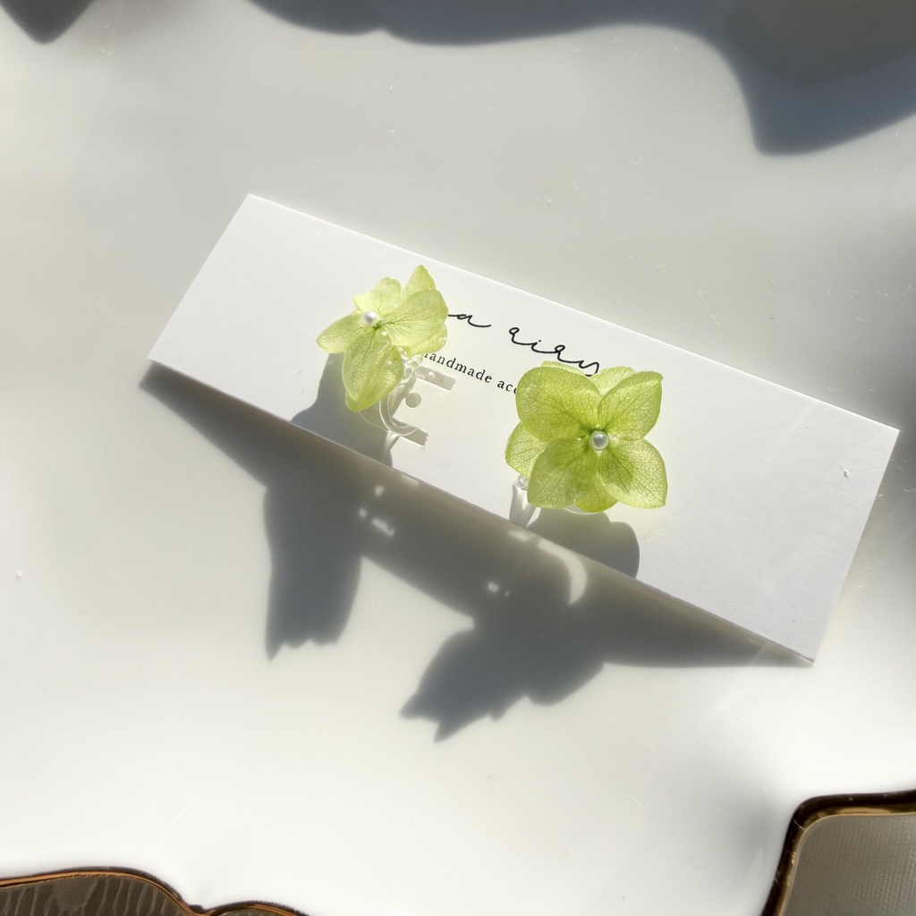 no.414 ライトグリーンの紫陽花のイヤリング 本物のお花 あじさい 紫陽花 樹脂ノンホールピアス イヤリング