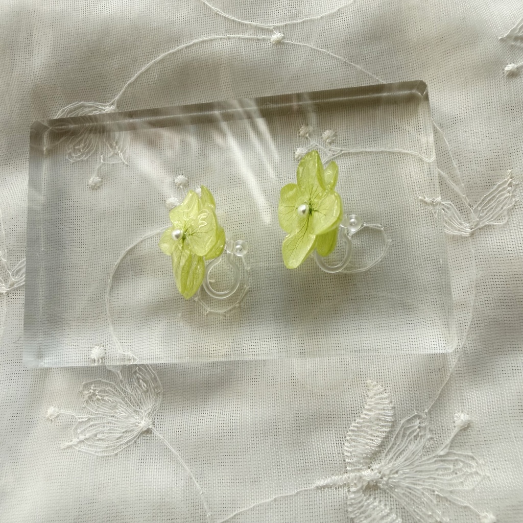 no.414 ライトグリーンの紫陽花のイヤリング 本物のお花 あじさい 紫陽花 樹脂ノンホールピアス イヤリング