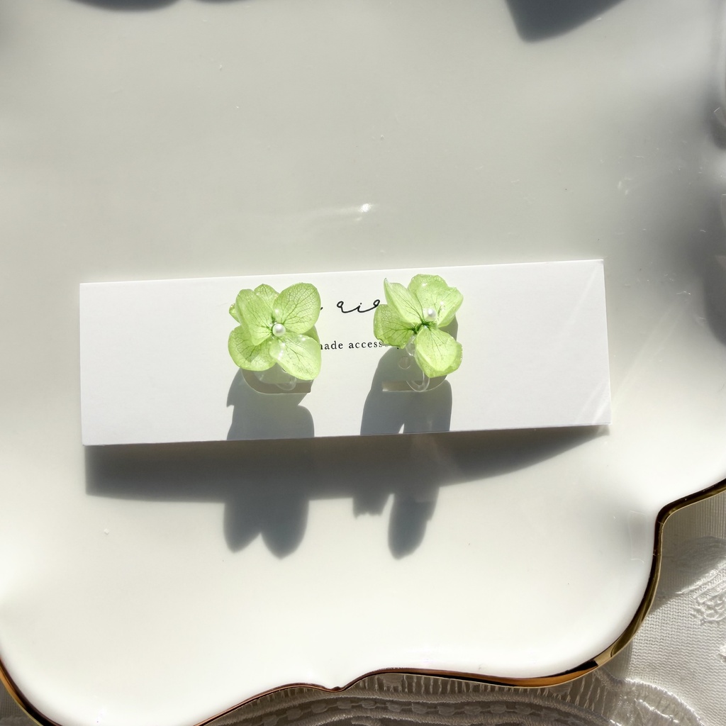 no.416 ライトグリーンの紫陽花のイヤリング 本物のお花 あじさい 紫陽花 樹脂ノンホールピアス イヤリング
