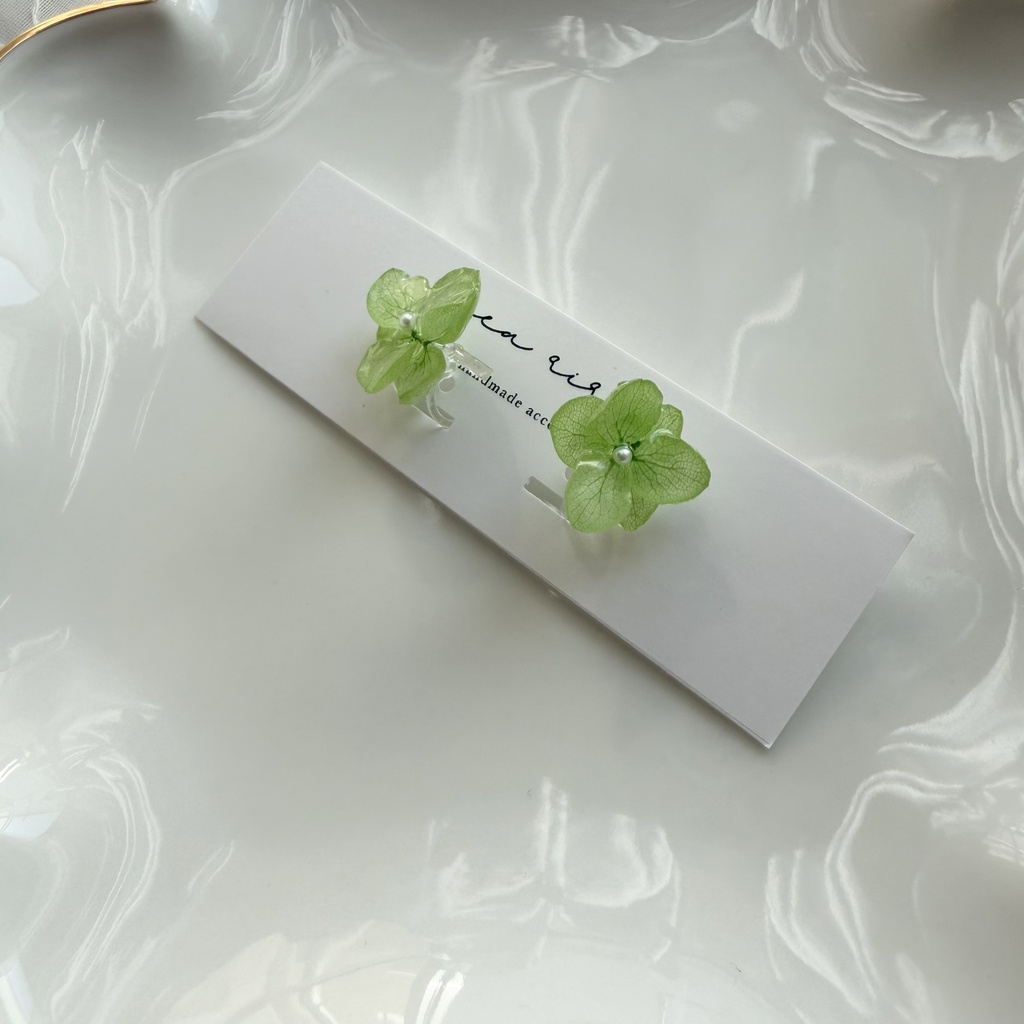 no.416 ライトグリーンの紫陽花のイヤリング  本物のお花  あじさい  紫陽花  樹脂ノンホールピアス  イヤリング