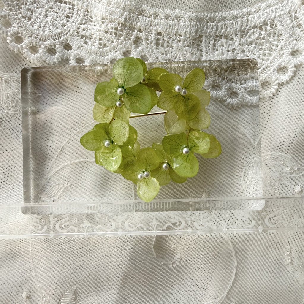 no.417 グリーンmixの紫陽花ブローチ 本物のお花 帯留金具付き 帯留 着物 ブローチ ハンドメイド
