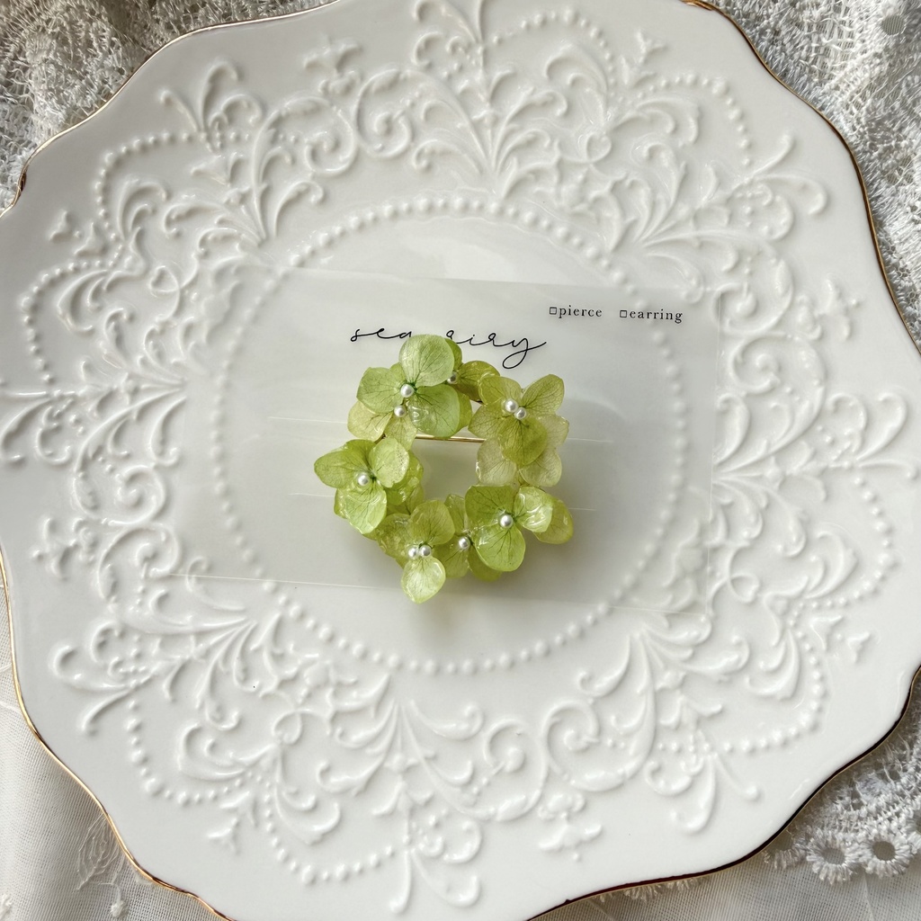 no.417 グリーンmixの紫陽花ブローチ 本物のお花 帯留金具付き 帯留 着物 ブローチ ハンドメイド