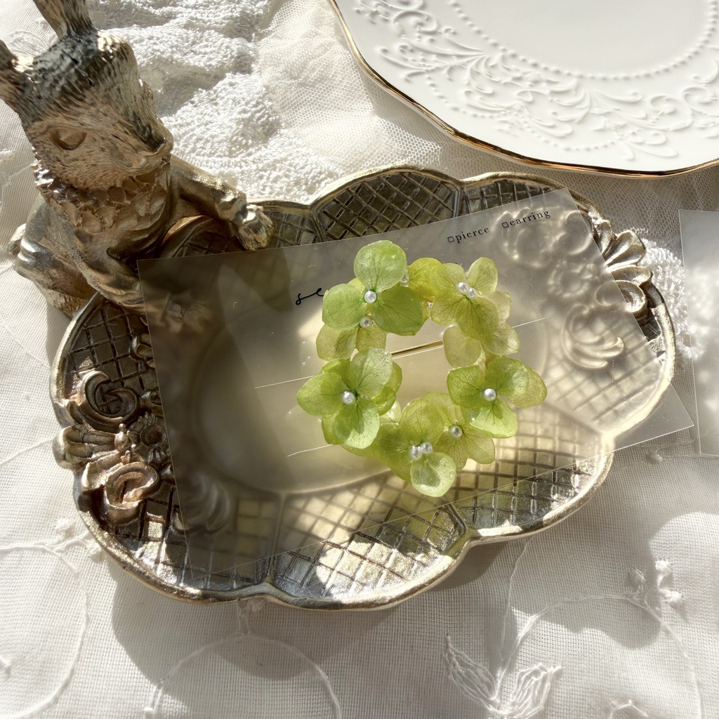 no.417 グリーンmixの紫陽花ブローチ 本物のお花 帯留金具付き 帯留 着物 ブローチ ハンドメイド