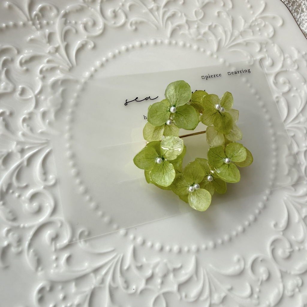 no.417 グリーンmixの紫陽花ブローチ 本物のお花 帯留金具付き 帯留 着物 ブローチ ハンドメイド